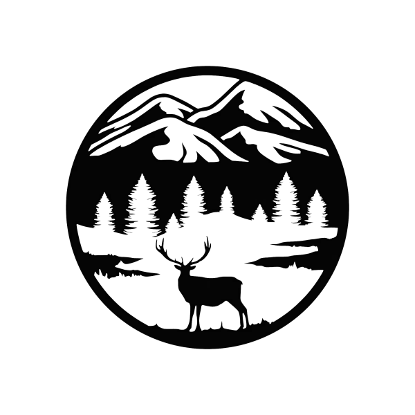 Round black steel wall art featuring a detailed laser-cut design of a deer standing in the foreground with mountains and evergreen trees in the background. The piece is circular, approximately 14 inches in diameter, with a sleek black powder-coated finish. The intricate cutouts create a silhouette effect, capturing a serene forest scene.